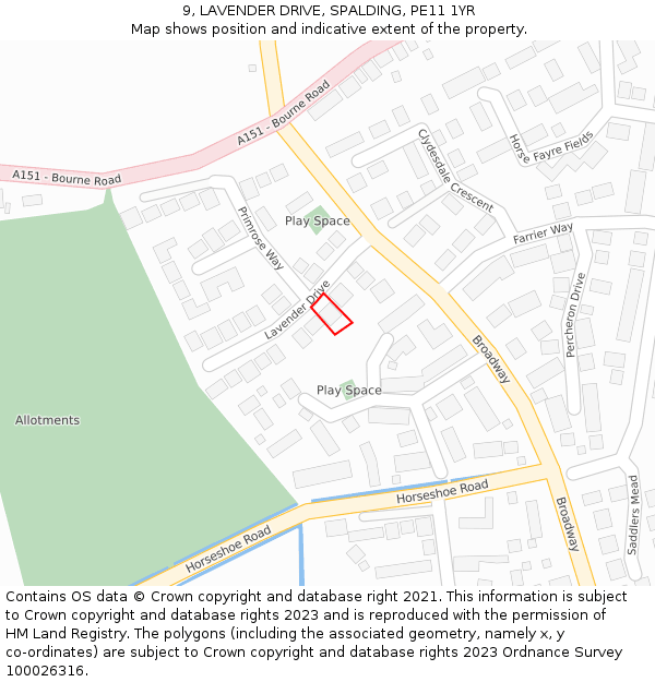 9, LAVENDER DRIVE, SPALDING, PE11 1YR: Location map and indicative extent of plot