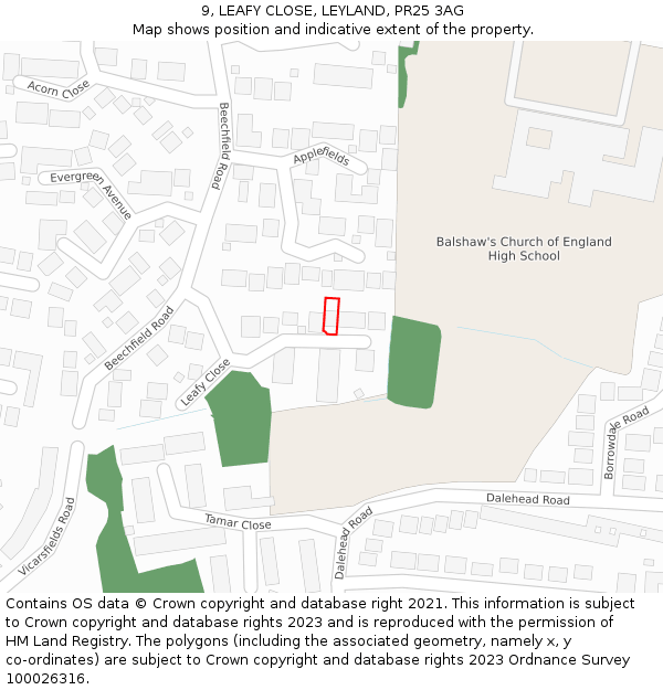 9, LEAFY CLOSE, LEYLAND, PR25 3AG: Location map and indicative extent of plot