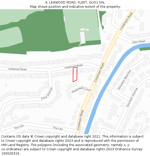 9, LEAWOOD ROAD, FLEET, GU51 5AL: Location map and indicative extent of plot