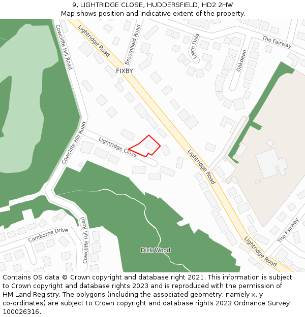 9, LIGHTRIDGE CLOSE, HUDDERSFIELD, HD2 2HW: Location map and indicative extent of plot