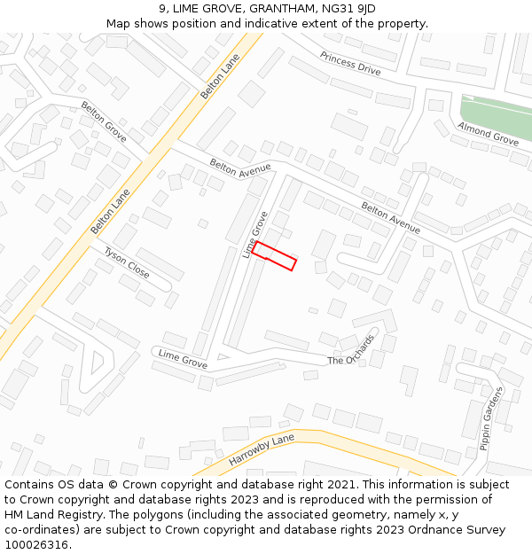 9, LIME GROVE, GRANTHAM, NG31 9JD: Location map and indicative extent of plot