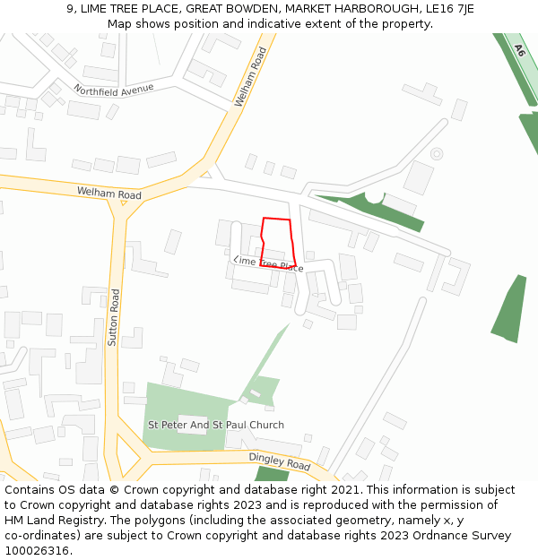 9, LIME TREE PLACE, GREAT BOWDEN, MARKET HARBOROUGH, LE16 7JE: Location map and indicative extent of plot