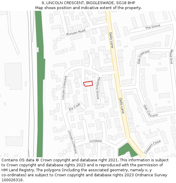 9, LINCOLN CRESCENT, BIGGLESWADE, SG18 8HP: Location map and indicative extent of plot