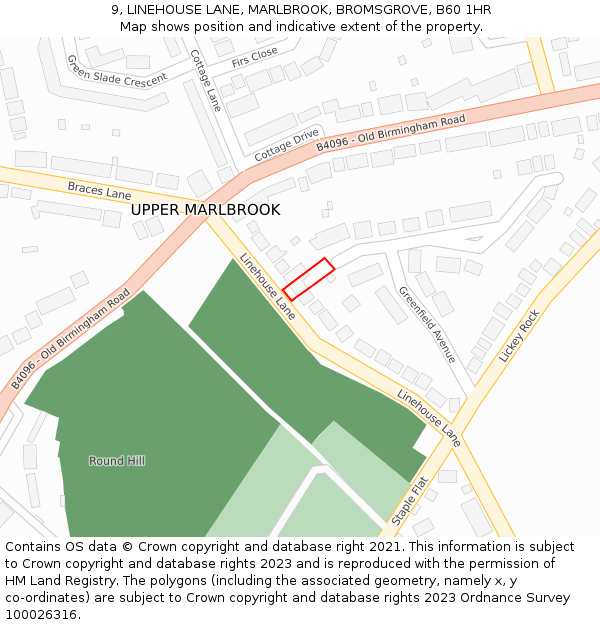 9, LINEHOUSE LANE, MARLBROOK, BROMSGROVE, B60 1HR: Location map and indicative extent of plot