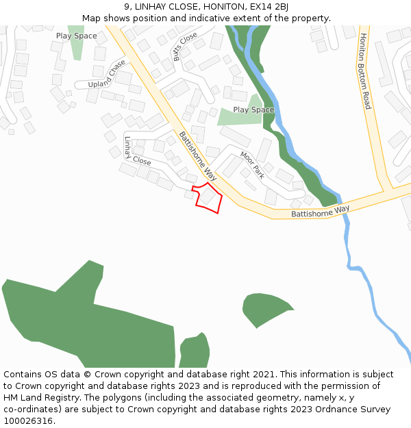 9, LINHAY CLOSE, HONITON, EX14 2BJ: Location map and indicative extent of plot
