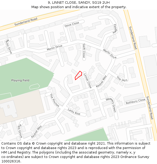 9, LINNET CLOSE, SANDY, SG19 2UH: Location map and indicative extent of plot