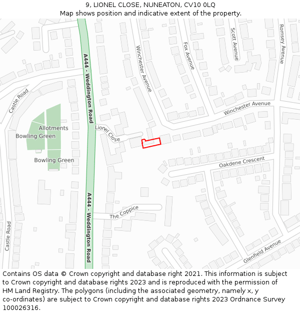 9, LIONEL CLOSE, NUNEATON, CV10 0LQ: Location map and indicative extent of plot