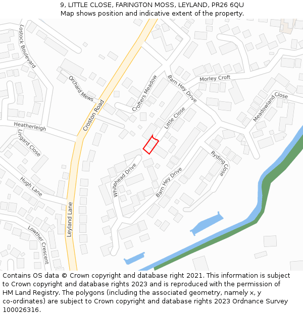 9, LITTLE CLOSE, FARINGTON MOSS, LEYLAND, PR26 6QU: Location map and indicative extent of plot