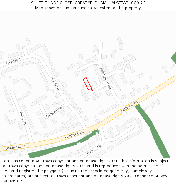 9, LITTLE HYDE CLOSE, GREAT YELDHAM, HALSTEAD, CO9 4JE: Location map and indicative extent of plot