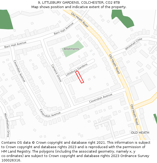 9, LITTLEBURY GARDENS, COLCHESTER, CO2 8TB: Location map and indicative extent of plot