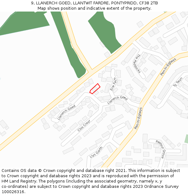 9, LLANERCH GOED, LLANTWIT FARDRE, PONTYPRIDD, CF38 2TB: Location map and indicative extent of plot