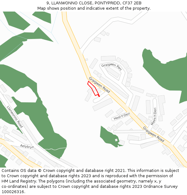 9, LLANWONNO CLOSE, PONTYPRIDD, CF37 2EB: Location map and indicative extent of plot