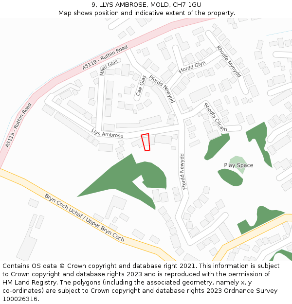 9, LLYS AMBROSE, MOLD, CH7 1GU: Location map and indicative extent of plot