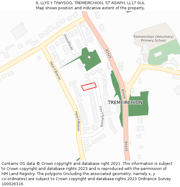 9, LLYS Y TYWYSOG, TREMEIRCHION, ST ASAPH, LL17 0UL: Location map and indicative extent of plot