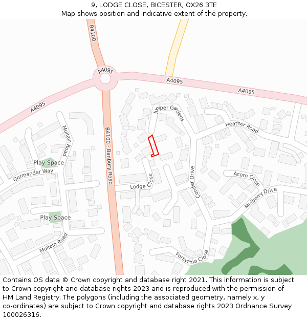 9, LODGE CLOSE, BICESTER, OX26 3TE: Location map and indicative extent of plot