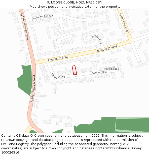 9, LODGE CLOSE, HOLT, NR25 6SN: Location map and indicative extent of plot