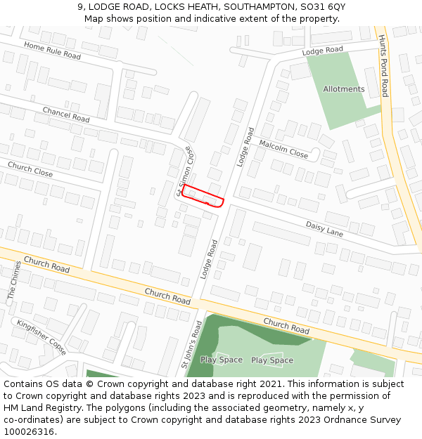 9, LODGE ROAD, LOCKS HEATH, SOUTHAMPTON, SO31 6QY: Location map and indicative extent of plot