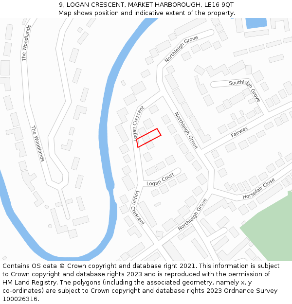 9, LOGAN CRESCENT, MARKET HARBOROUGH, LE16 9QT: Location map and indicative extent of plot