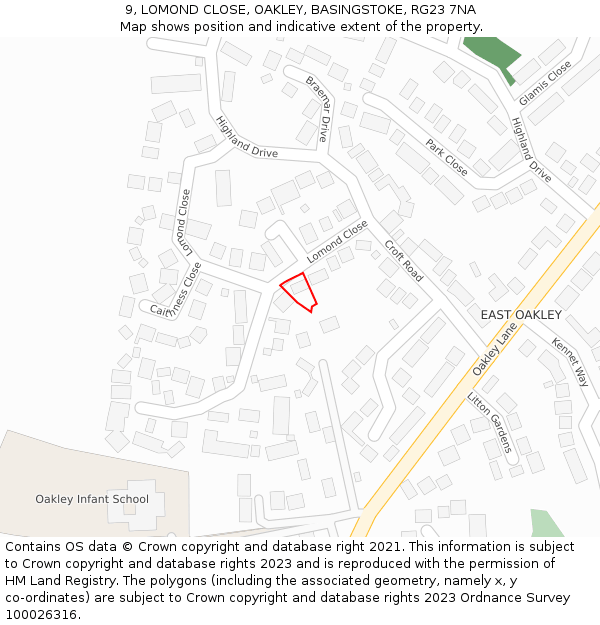 9, LOMOND CLOSE, OAKLEY, BASINGSTOKE, RG23 7NA: Location map and indicative extent of plot