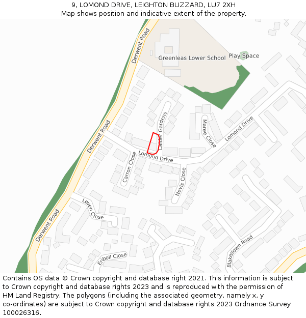 9, LOMOND DRIVE, LEIGHTON BUZZARD, LU7 2XH: Location map and indicative extent of plot