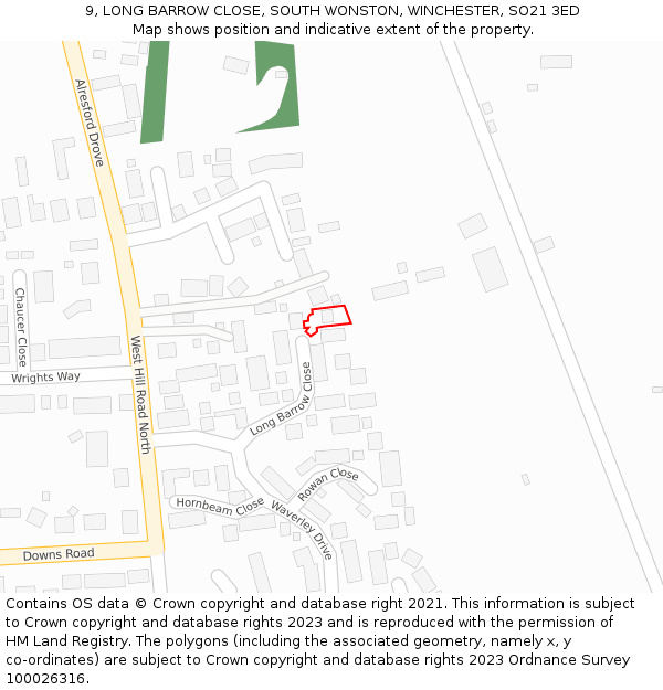 9, LONG BARROW CLOSE, SOUTH WONSTON, WINCHESTER, SO21 3ED: Location map and indicative extent of plot