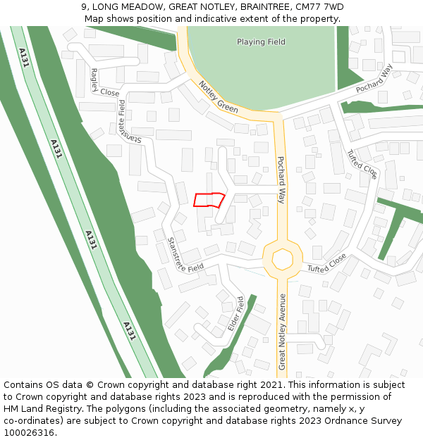 9, LONG MEADOW, GREAT NOTLEY, BRAINTREE, CM77 7WD: Location map and indicative extent of plot