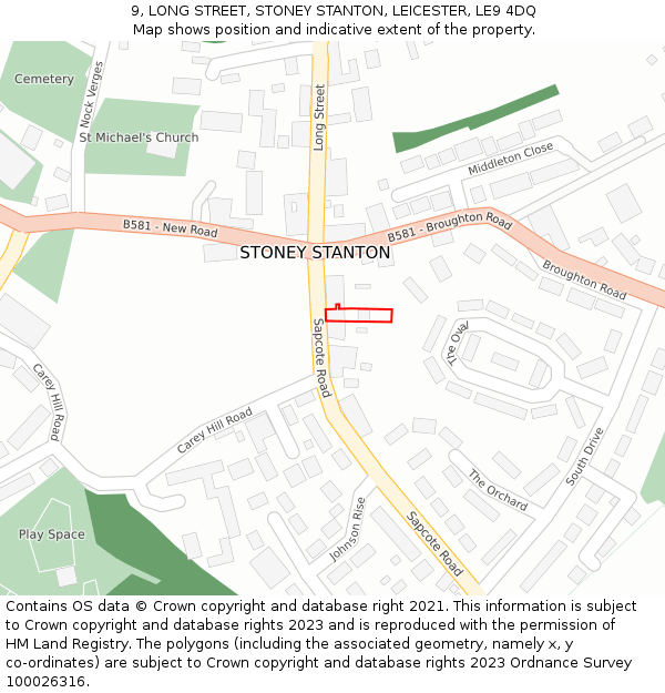 9, LONG STREET, STONEY STANTON, LEICESTER, LE9 4DQ: Location map and indicative extent of plot