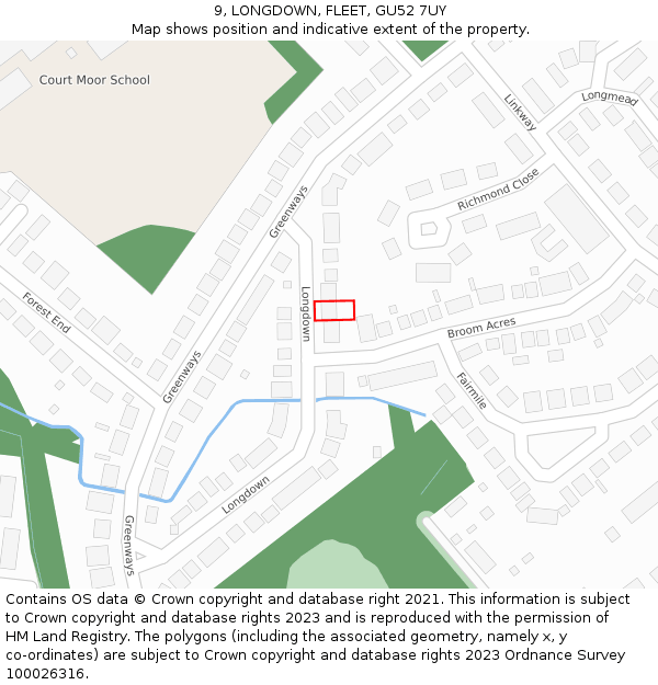 9, LONGDOWN, FLEET, GU52 7UY: Location map and indicative extent of plot