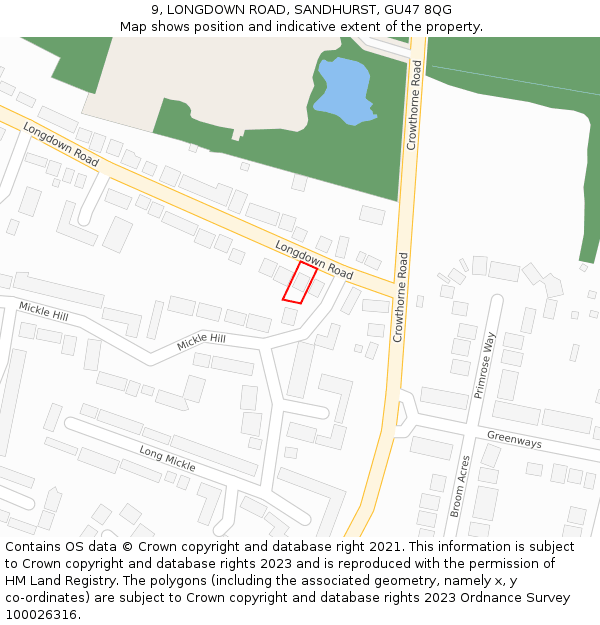 9, LONGDOWN ROAD, SANDHURST, GU47 8QG: Location map and indicative extent of plot
