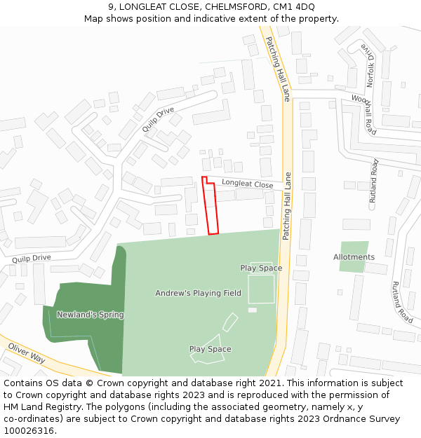 9, LONGLEAT CLOSE, CHELMSFORD, CM1 4DQ: Location map and indicative extent of plot