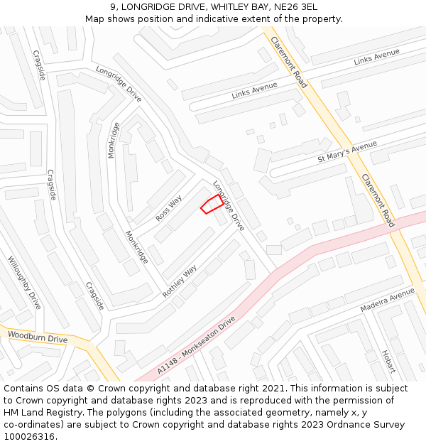 9, LONGRIDGE DRIVE, WHITLEY BAY, NE26 3EL: Location map and indicative extent of plot