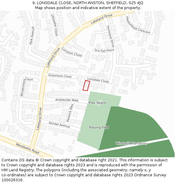 9, LONSDALE CLOSE, NORTH ANSTON, SHEFFIELD, S25 4JQ: Location map and indicative extent of plot