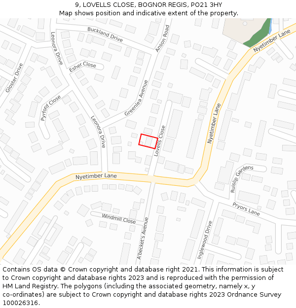 9, LOVELLS CLOSE, BOGNOR REGIS, PO21 3HY: Location map and indicative extent of plot