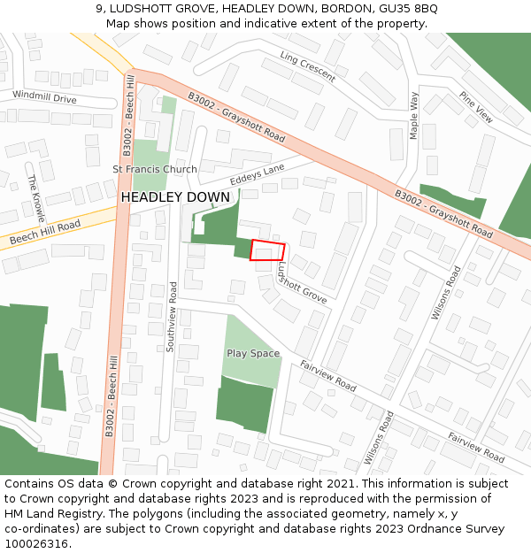 9, LUDSHOTT GROVE, HEADLEY DOWN, BORDON, GU35 8BQ: Location map and indicative extent of plot