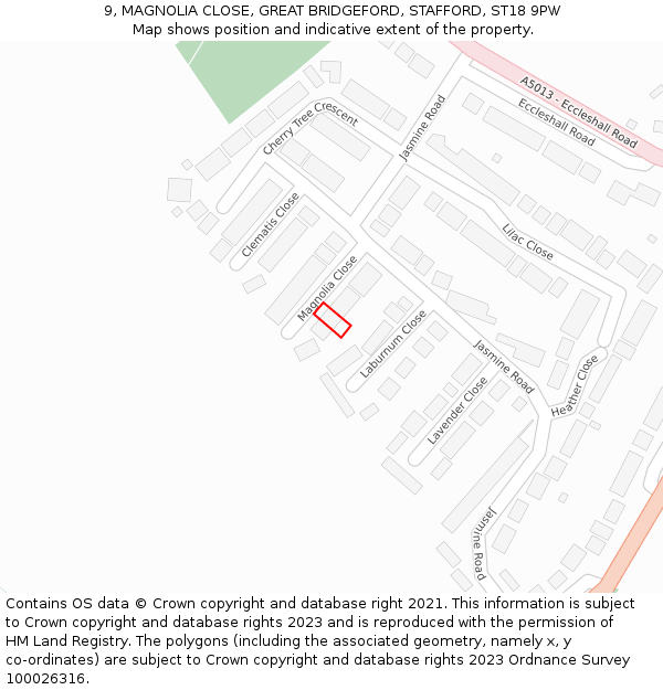 9, MAGNOLIA CLOSE, GREAT BRIDGEFORD, STAFFORD, ST18 9PW: Location map and indicative extent of plot