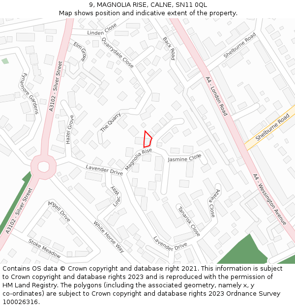 9, MAGNOLIA RISE, CALNE, SN11 0QL: Location map and indicative extent of plot