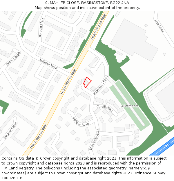 9, MAHLER CLOSE, BASINGSTOKE, RG22 4NA: Location map and indicative extent of plot