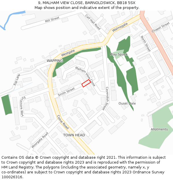 9, MALHAM VIEW CLOSE, BARNOLDSWICK, BB18 5SX: Location map and indicative extent of plot