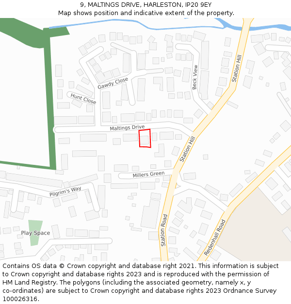 9, MALTINGS DRIVE, HARLESTON, IP20 9EY: Location map and indicative extent of plot