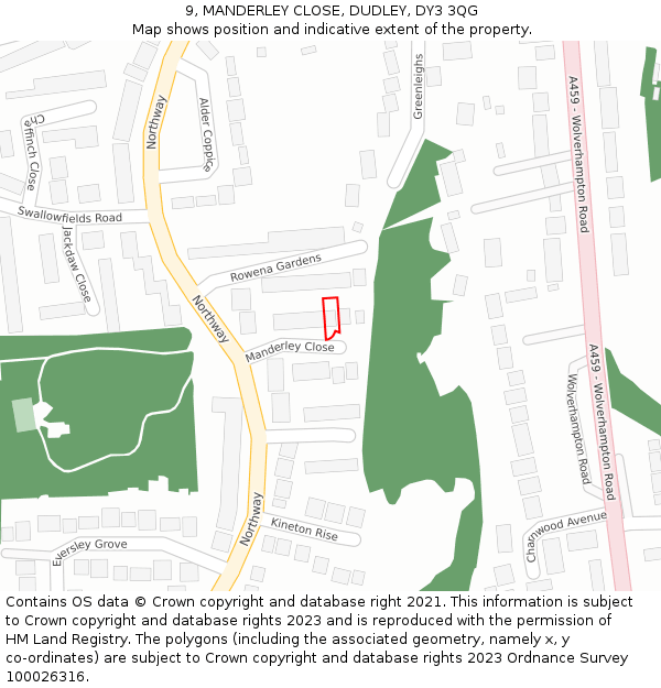 9, MANDERLEY CLOSE, DUDLEY, DY3 3QG: Location map and indicative extent of plot