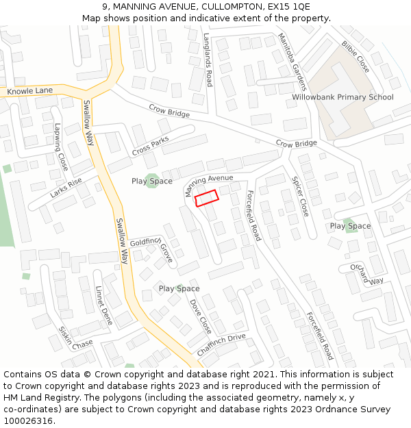 9, MANNING AVENUE, CULLOMPTON, EX15 1QE: Location map and indicative extent of plot