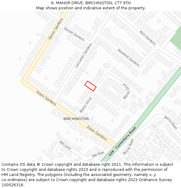 9, MANOR DRIVE, BIRCHINGTON, CT7 9TN: Location map and indicative extent of plot