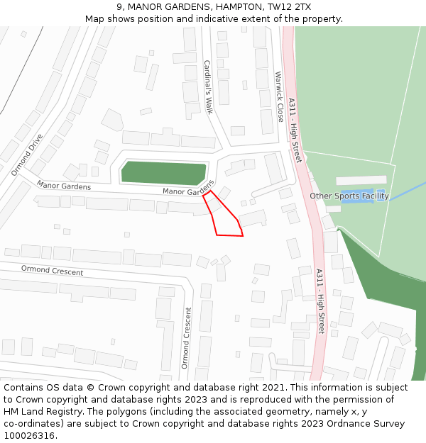 9, MANOR GARDENS, HAMPTON, TW12 2TX: Location map and indicative extent of plot