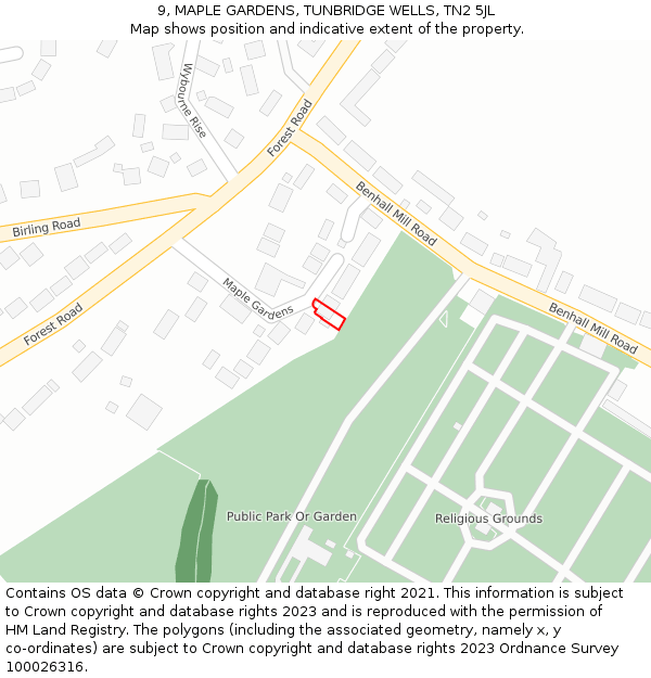 9, MAPLE GARDENS, TUNBRIDGE WELLS, TN2 5JL: Location map and indicative extent of plot