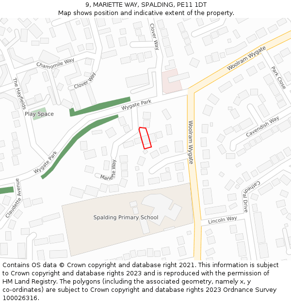 9, MARIETTE WAY, SPALDING, PE11 1DT: Location map and indicative extent of plot