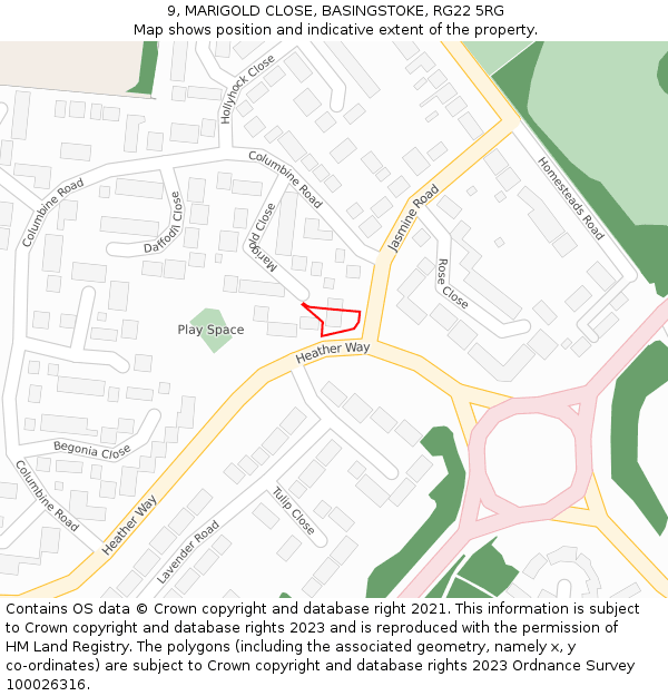 9, MARIGOLD CLOSE, BASINGSTOKE, RG22 5RG: Location map and indicative extent of plot