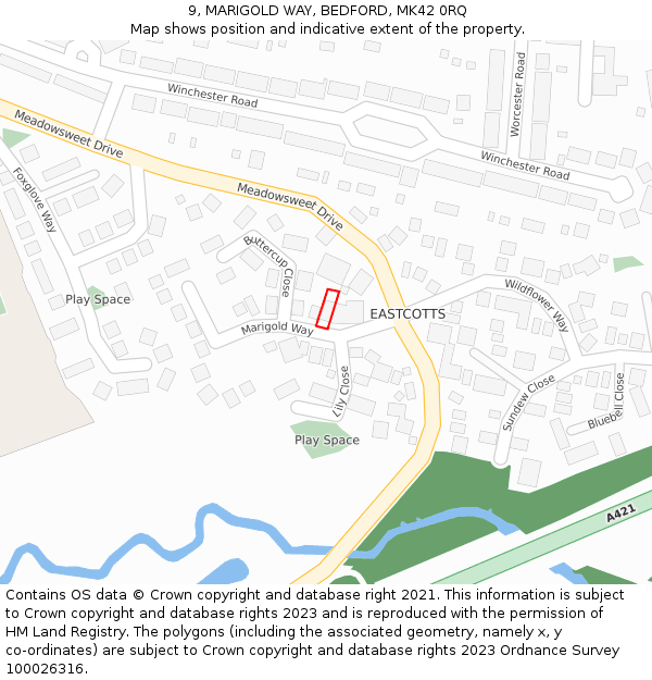 9, MARIGOLD WAY, BEDFORD, MK42 0RQ: Location map and indicative extent of plot