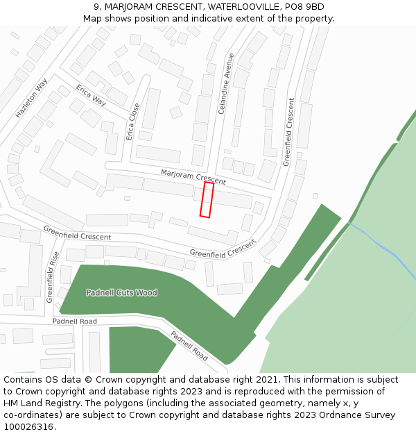 9, MARJORAM CRESCENT, WATERLOOVILLE, PO8 9BD: Location map and indicative extent of plot