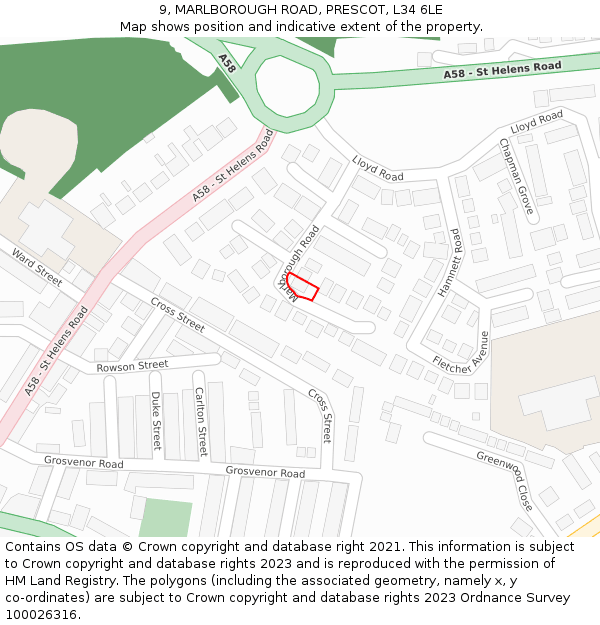 9, MARLBOROUGH ROAD, PRESCOT, L34 6LE: Location map and indicative extent of plot