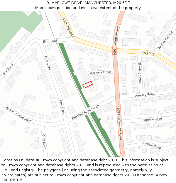 9, MARLOWE DRIVE, MANCHESTER, M20 6DE: Location map and indicative extent of plot